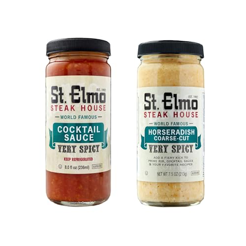 St. Elmo Cocktail Sauce 8 Fl Oz and Coarse-Cut Horseradish 7.5 Oz Bundle, Extra Spicy Combo for Steak and Seafood, World Famous