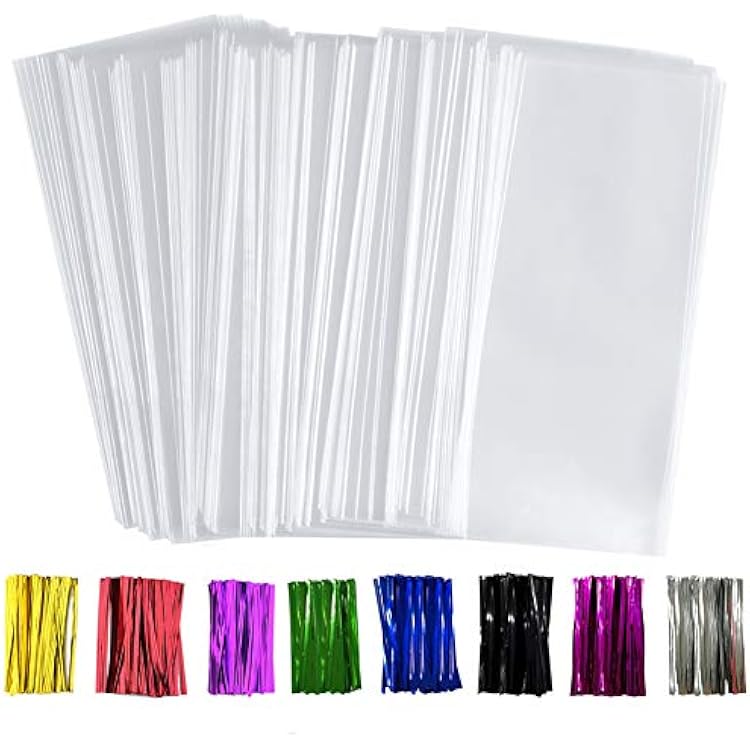 300 Pack 4 x 9 Clear Cellophane Treat Bags Plastic OPP Bags with Bottom Gusset 1.4 mils Thickness Multi-purpose Coming With 300 Colorful Twist TiesClear
