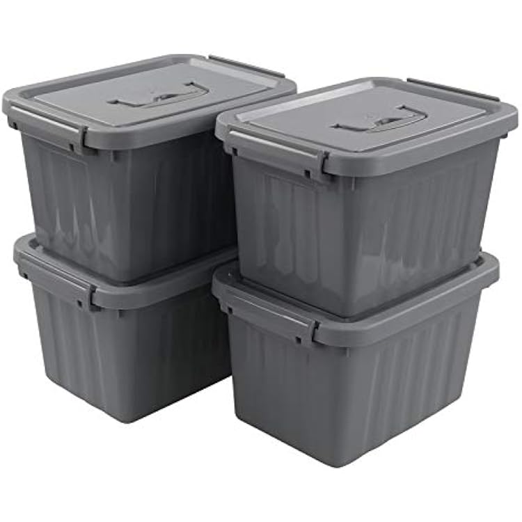 4 Packs Plastic Lidded Storage Box, 6.5 Quart Organizing Latch Bin with LidHandles, Grey