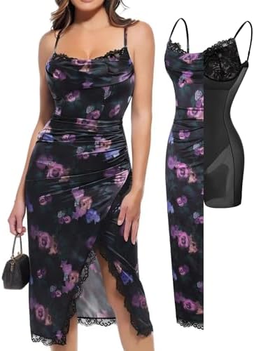 Popilush Shapewear Corset Dress Womens Satin Ruched Midi Dress Cocktail Date Night Classy Dresses with Lace Trim Bra