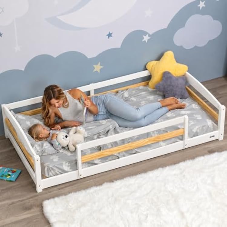 Ocodile Twin Floor Bed with Safety Guardrails for Kids, Montessori Inspired with Rails and 2 Openings, Twin Size Bed Frame for Girls and Boys - White