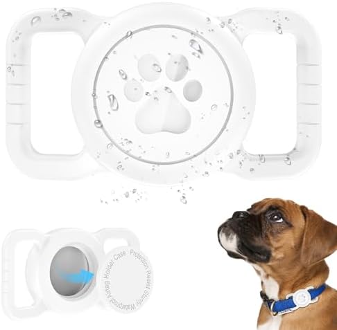 SANKALA Airtag Dog Collar Holder, [1 Pack] Waterproof Dog Airtag Holder, Silicone Full Body Covered Anti-Lost Protective Apple Air Tag Holder for Pet Collar - Fits All Width Collars, White