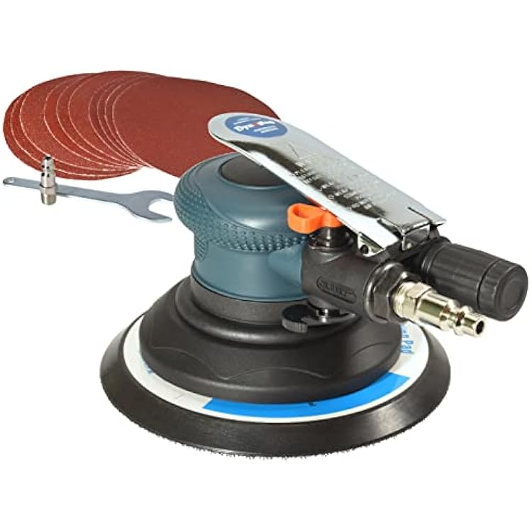 6-Inch Random Orbit Air Palm Sander, Dual Action Pneumatic Polisher with Velcro Hook and Loop Backing Pad and 10pcs Sanding Discs
