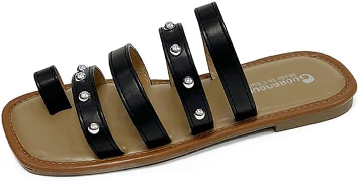Boxpopla Rivet Strappy Gladiator Slide Sandals for Women's Flat Thong Square Open Toe Slip On Clip Toe Slide Summer Studded Toe Ring Flip Flop Beach Slippers