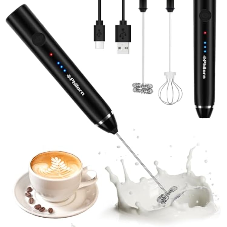 Philorn Milk Frother Wand Handheld Rechargeable Electric Whisk Coffee Drink Mixer, Mini Foamer for Lattes, Cappuccino, Frappe, Matcha, Hot Chocolate, Protein Powder, Keto Diet Black