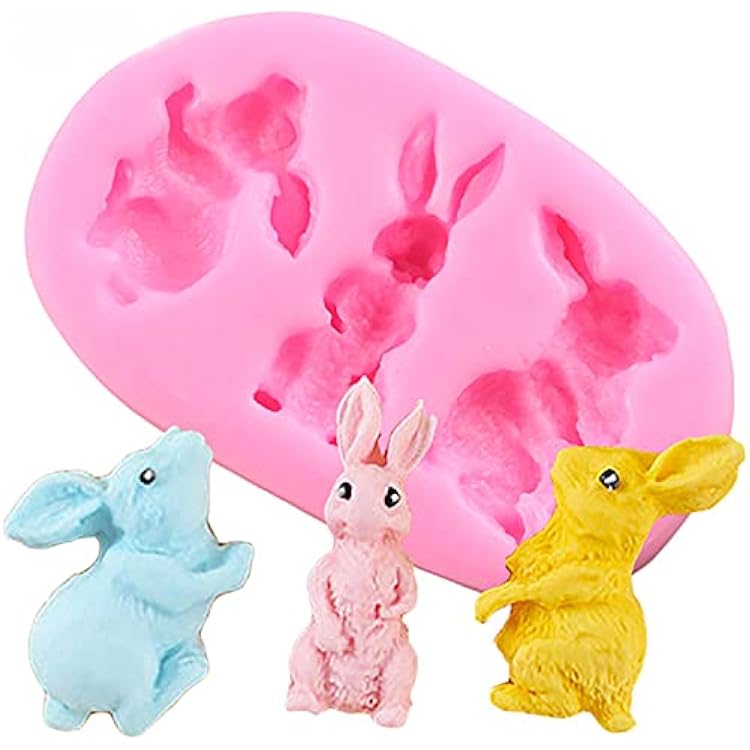 3 Cavity Mini Rabbit Bunny Animal Shape 3D Silicone Mold for DIY Fondant Candy Making Chocolate Molds Lollipop Desserts Ice Cube Gum Clay Soap Biscuit Plaster Resin Cupcake Topper Cake Decor Moulds
