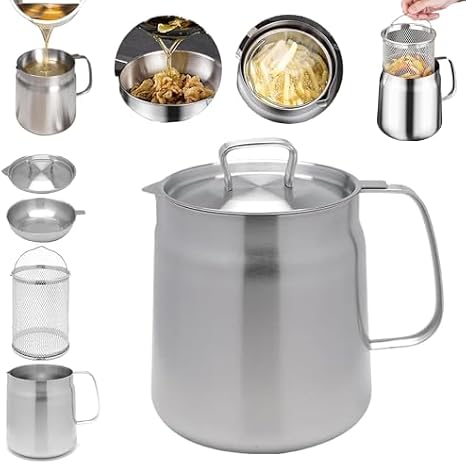 304 Stainless Steel Large Capacity Versatile Oil Filter Vessel Tank,Stainless Steel Oil Filter Pot,Multi-Functional Oil Filter Tank,Kitchen Mini Oil Fryer And Filter Cup Combo (1.5L)
