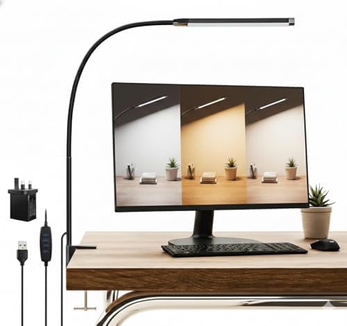 CUHIOY Desk Lamp with Metal Clamp, LED Table Reading Lamps for Home Office, 3 Colors 10 Lightings, Eye-Caring Flexible Gooseneck Clip-on lights for Nail Puzzle Drafting Architect, Included USB Adapter