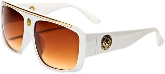 White & Gold Kleo Flat Top Hip Hop Rapper Retro Aviator Sunglasses w/ Brown Lenses
