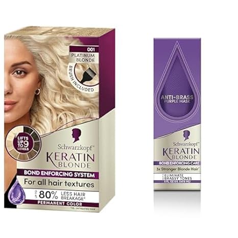 Schwarzkopf Keratin Blonde Permanent Hair Dye, Platinum Blonde 001, Ultra Lightening Kit + Schwarzkopf Keratin Blonde, Anti-Brass Purple Mask