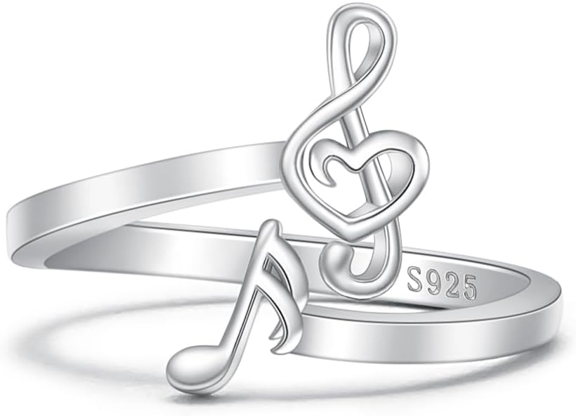 Musical Note Ring Sterling Silver Music Note Open Rings Adjustable Jewelry Gifts for Women Music Lovers