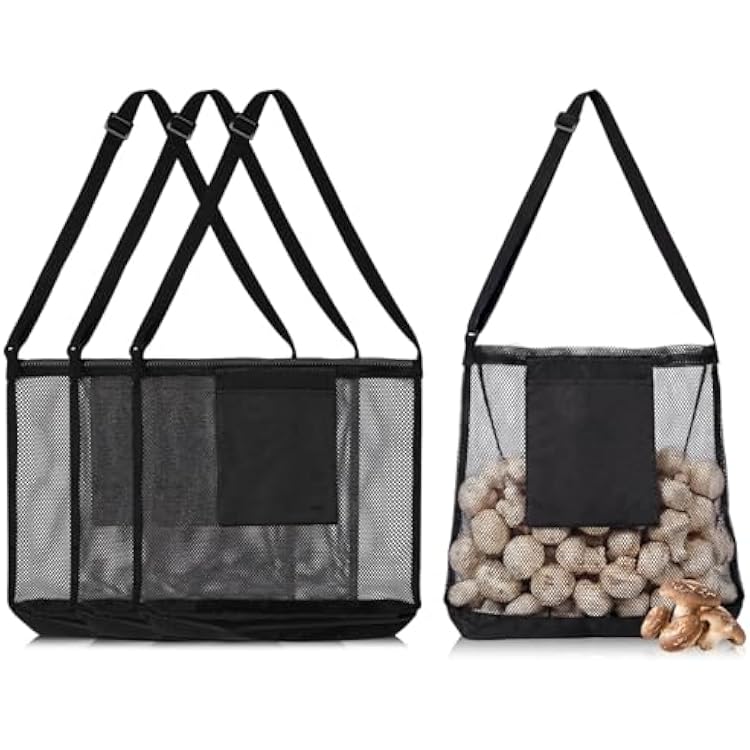4 Pcs Mushroom Foraging Bag with Drawstrings and Bottom Folding Mesh Pouch Picking Bag with Adjustable Shoulder Strap Outdoor Sacks for Mushroom Decor Lovers Travel Camping HikingBlack