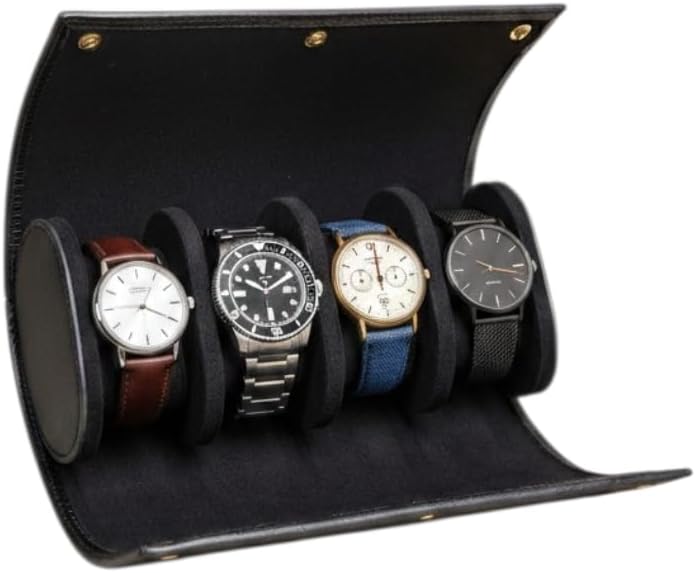 4’lü Deri Saat Kutusu Silindir Tasarım Taşınabilir Saat Saklama Organizer 24x11x7 cm(Siyah)
