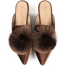 Fericzot Slip On Mule Backless Loafers Flats Puff Pompom Pointed Toe Casual Shoes Slippers