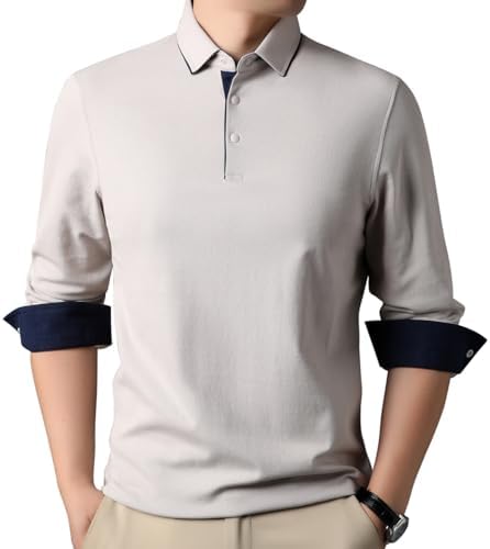 Mens Casual Cotton Blend Long Sleeve Collared T Shirt Polo Shirts