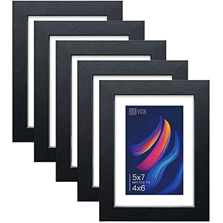 VCK 5x7 Picture Frame Black Set of 5, Textured Exclusive Wooden Photo Frames with HD Glass | Matted to 4x6 or 5x7 without Mat