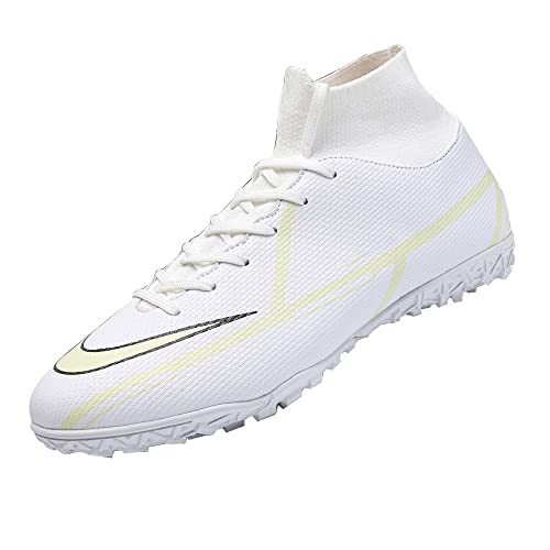 Mens Soccer Shoes High-Top Turf Soccer Boots Professional Football Shoes for Outdoor Indoor Training White