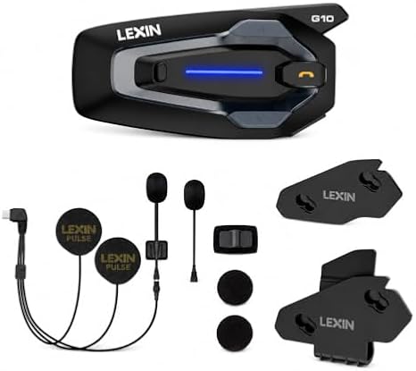 LEXIN G10 Motorcycle Bluetooth Headset, 8-Rider Helmet Intercom, Single Pack, Bundle with LEXINPulse Helmet Speakers & Mounting Bracket Kit, for Multiple Helmets & Easy Installation