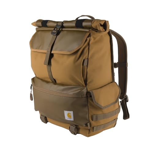 Carhartt 40L Nylon Roll Top Backpack, Heavy-Duty Water-Resistant Material W 17 Laptop Sleeve, Carhartt Brown