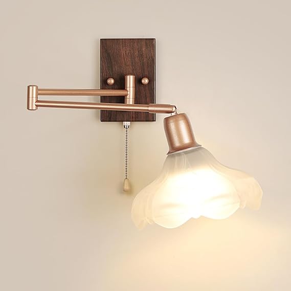 White Flower Glass Shade Swivel Reading Light, Swing Arm Wall Sconce Rustic Adjustable Wall Lamp Faux Wood Grain Finish with Pull Switch, Wall Lighting Fixtures for Bedroom, Study Office