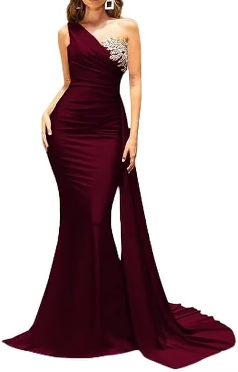 Mermaid Bridesmaid Dresses for Women One Shoulder Prom Dress Ruched Satin Beaded Formal Evening Gown with Train