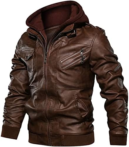 LABEYZON Mens PU Faux Leather Jackets Casual Stand Collar Zip-Up Leather Motorcycle Bomber Jackets with Removable Hood
