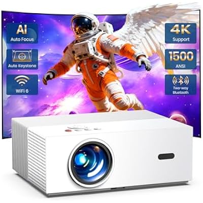 [Auto Focus & High Brightness] Outdoor Projector with WiFi and Bluetooth, Native 1080P Movie Projector, 4K Support, 1500ANSI Auto Keystone, Projector Compatible with iOSAndroidTv Stick