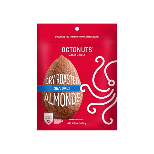 Octonuts Sea Salt Roasted Almonds 6oz- Only 3 Simple Ingredients - Plant Based Protein Snack with Fiber Keto Friendly, Gluten-Free, Vegan & Non-GMO Verified