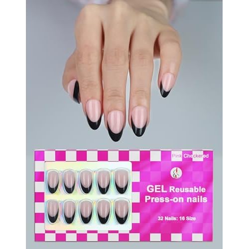 Almond Press On Nails Short Fake Nails with Glue, Glossy Reusable Stick on Nails in 16 Sizes, Classic French & French Black Tip