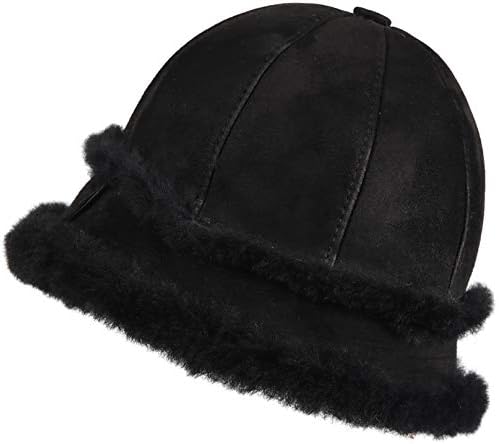 Womens Shearling Sheepskin Winter Fur Bucket Beanie Hat Black Suede Medium