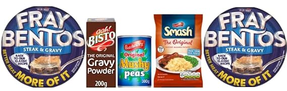 Generic *BRITISH GOODS* Meat Pie and Mash Classic Meal for 2. 2 x Fray Bentos Steak & Gravy Pies, 1 x Bisto Original Gravy Powder, 1 x Batchelors Original Creamy Mash 1x Batchelors Mushy Peas.