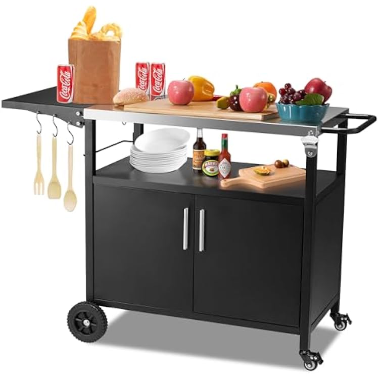 Spurgehom Outdoor Grill Cart, Pizza Oven Stand Table with Stainless Steel Top Movable Kitchen Cooking Prep Table BBQ Cart Kitchen Prep