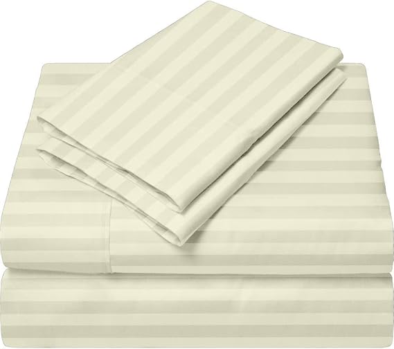 Giza-Egyptian-Dreams-Set-My-Sheet-&-Pillow, 100% Giza Egyptian Cotton Sheet Set |King Size, Ivory Stripe Color| 4-PC Sheet Set, Silky Satin Breathable Giza Cotton Sheets Set, 10 Inch Deep Pocket