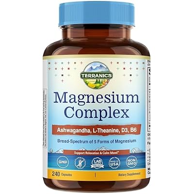 Terranics Magnesium Complex Supplement with Glycinate, Citrate, Taurate & Malate | Supports Nerve & Mood Health | Includes Ashwagandha, L-Theanine, Vitamin D3 & B6 | 240 Capsules | Non-GMO