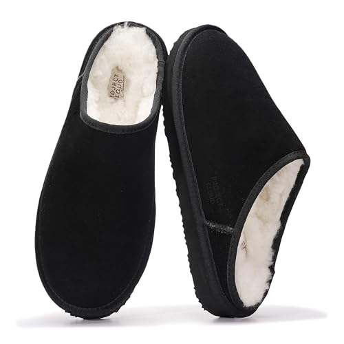 Project Cloud Mens Slippers 100% Genuine Leather and Genuine Shearling Lining House Slippers for Men with Memory Foam Insole Lightweight & Non Slip Mens House Shoes