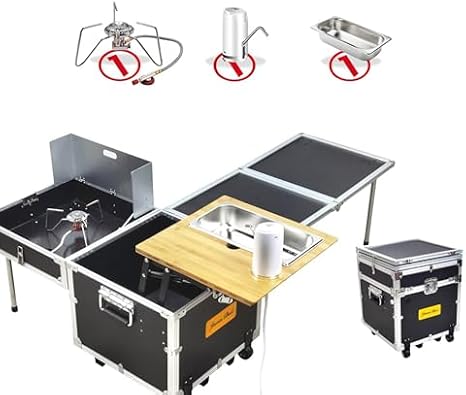 Portable Camping Kitchen Unit with Stove & Sink - Foldable Camp Table with Casters, Complete Cooking Box & Cookware Set for 2-4 People, Ideal for Outdoor Adventures