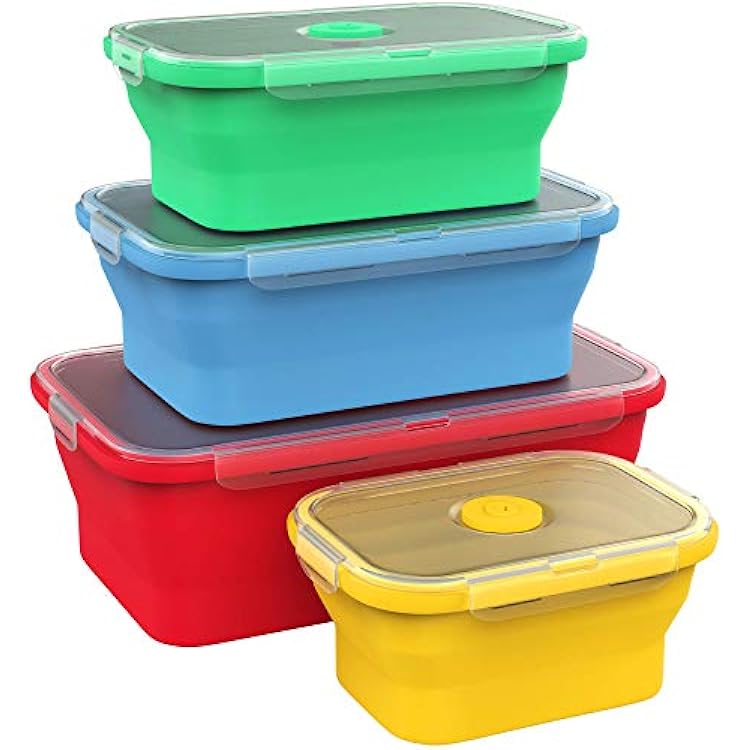 Vremi Silicone Food Storage Containers with BPA Free Airtight Plastic Lids - Set of 4 Small and Large Collapsible Meal Prep Container for Kitchen Lunch Boxes - Microwave and Freezer Safe