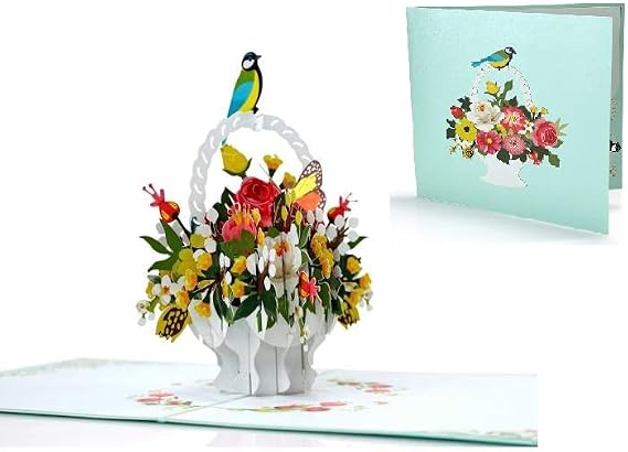 ETA 3D Bird and Flower Basket Pop Up Greeting Card for Birthday, Just Because, Thinking of You, Retirement, Get Well, Congratulations, Cards Mother's Day, Teacher's Father's Any Occasions, F18