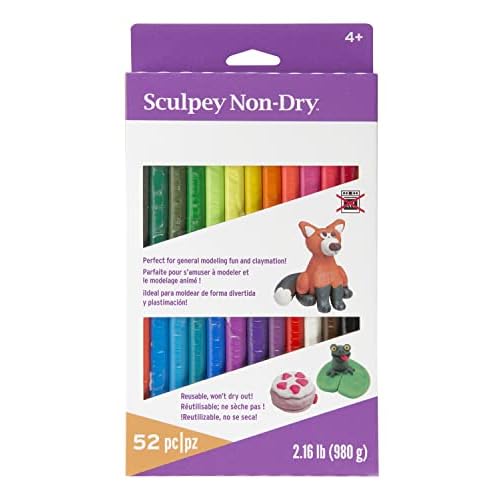 Sculpey Non-DryTM Resuable, Non Drying Clay; 52 Pieces of Clay, Assorted Colors, 2.16 lbs of Clay, Variety Pack. Great for claymation and General Modeling. Ages 4 and up