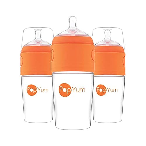 PopYum 9 oz Orange Anti-Colic Formula MakingMixingDispenser Baby Bottles, 3-Pack with #2 Medium Flow Nipples, 260 ml, BPA-Free, Natural Latch