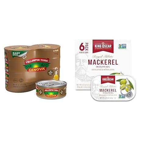 Genova Premium Yellowfin Tuna in Olive Oil (5 Oz, 8-Pack) & King Oscar Mackerel in Olive Oil (4.05 Oz, 6-Pack) - Wild Caught Fish Bundle