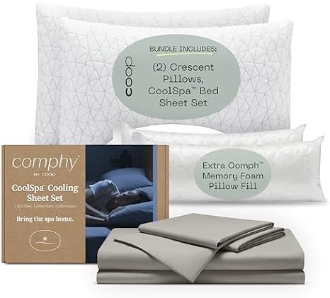 Coop's Cool+ Cooling Bed Sheet Set Dove Grey and Original Crescent Pillows King Bundle