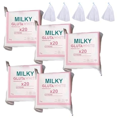 Milky Gluta White Soap 20x Extreme Whitening, Skin Natural Milky Glutamilk Premium Soap, For Face & Body, Deep Cleanse, Exfoliate (5PCS)