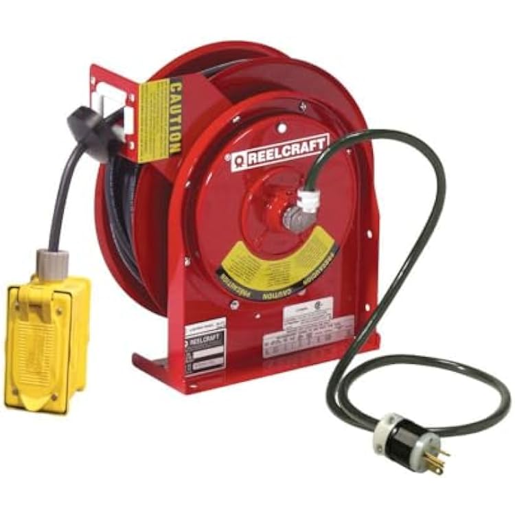 Reelcraft L 4545 123 7A Heavy Duty Power Cord Reel, 12 AWG3 Conductors x 45, 20 AMP, Duplex GFCI Outlet, Cord Included