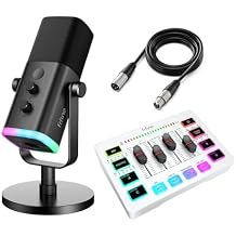 FIFINE Gaming Streaming Equipment Set with Mixer, Dynamic Microphone, XLR Cable for Podcast Recording, XLR/USB Vocal Mic with RGB Light, Desktop Stand, PC Mixer with Slider Fader for Video/Game Voice
