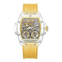 Men Mechanical Automatic Watch Rectangle Skeleton Large Dial Fashion Wristwtach for Men Silicone Strap Casual Watch for Mens