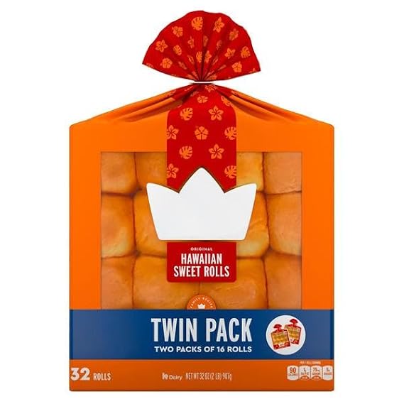 Hawaiian Sweet Rolls Bread, Soft Fluffy Sweet Dinner Rolls, Bakery Style Pull-Apart Bread Rolls for Sandwiches, Sliders, Breakfast, Snacks and Family Meals, Value Pack 32 Rolls, 16 Count per Pack, 2 Pack, TOTAL NET WT [ 32 OZ, 2 LB ]