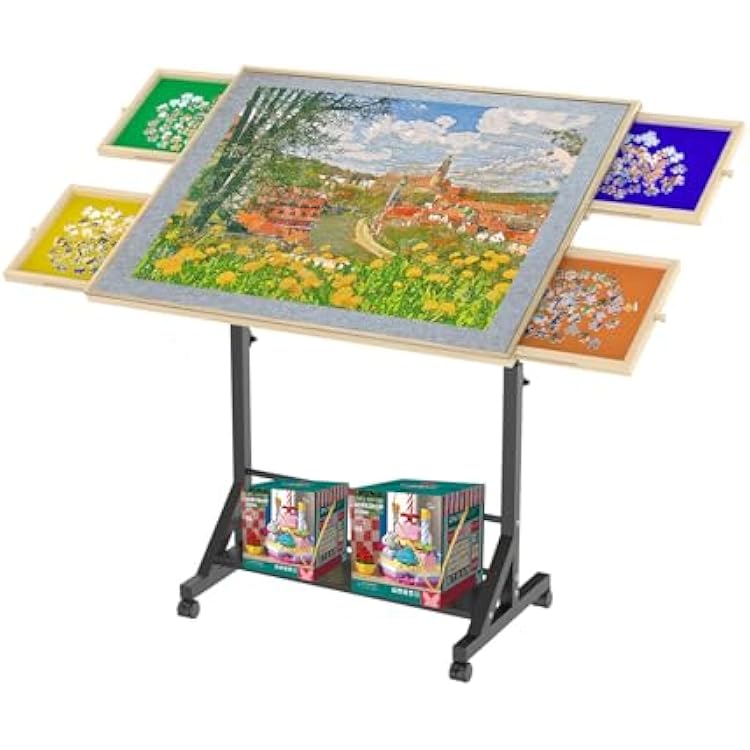 Wooden 1500 Piece Puzzle Table with Legs, 360 Tilting 3527.17 Portable Puzzle Board with Legs and Rolling Wheels, Adjustable Height & Angle Jigsaw Puzzle Table with Protective Cover