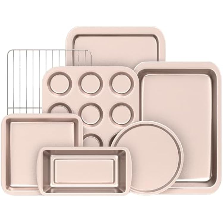 KITESSENSU Baking Pans Sets, Nonstick Bakeware Set 7-Piece with RoundSquare Cake Pan, Loaf Pan, Muffin Pan, Cookie Sheet, Roast Pan, Cooling Rack & Silicone Oven Mitts, Carbon Steel Bake Set,Gold