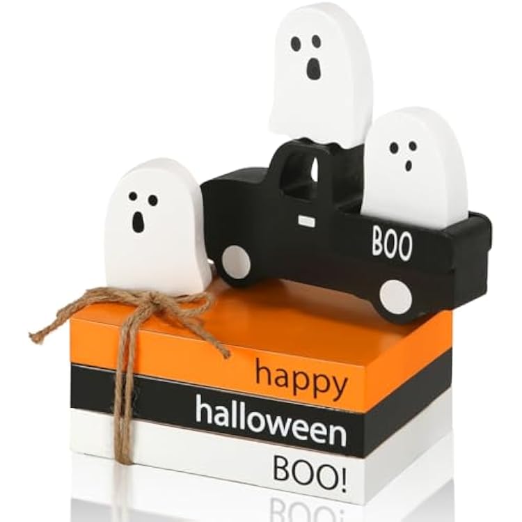 Halloween Decorations 7PCS Table Centerpieces, Cute Tabletop Halloween Decor for Tiered Tray Shelf Mantel Fire Place Office Desk Rustic Farmhouse Wood Faux Book Stack and Spooky Ghosts Sign